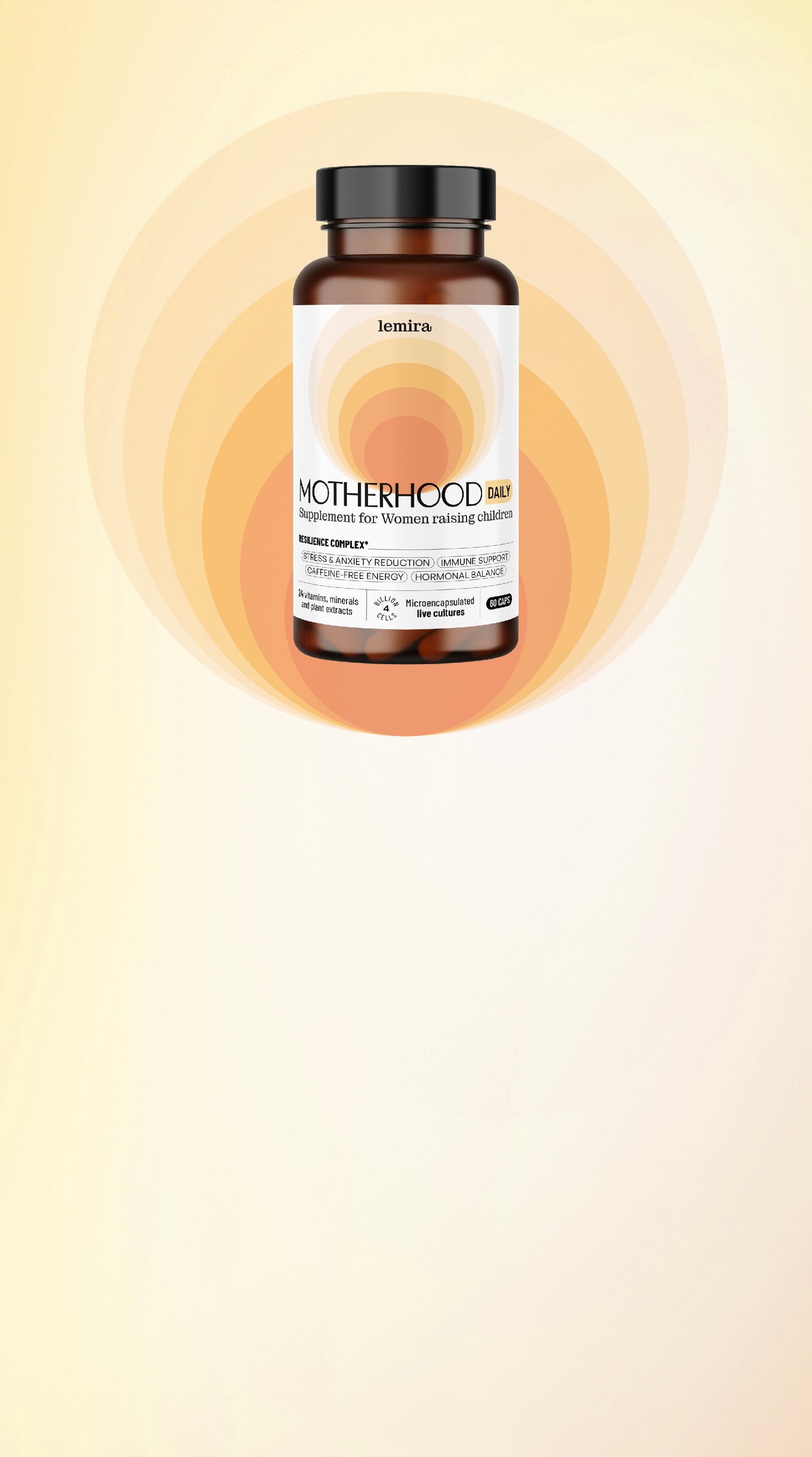 Supplement bottle labeled 'Motherhood Daily' by Lemira on a sunrise like background