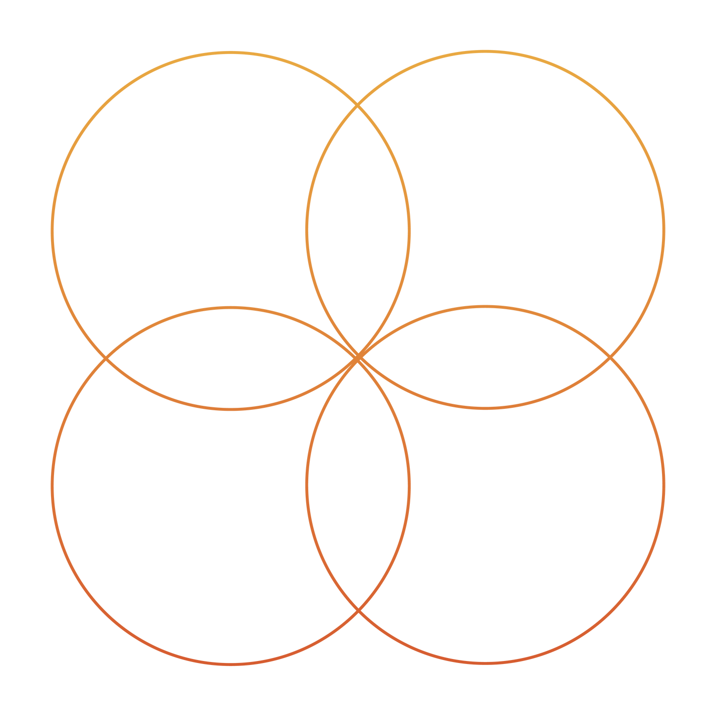 Four intersecting circles with orange lines on a white background